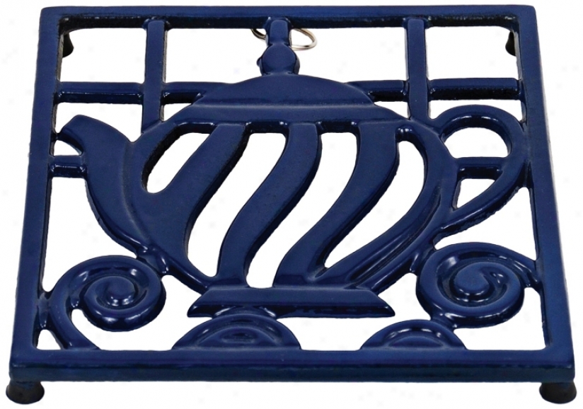 7" Square Royal Blue Tea Pot Cast Iron Trivet (u9145)