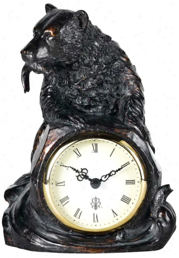 Antique Bronze Bear With Fish 6 1/2" Wide Tabletop Clock (g8944)