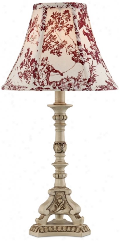 Ancient rarity Ivory French Candlestick Red Toile Shade Accent Lamp (t8549)