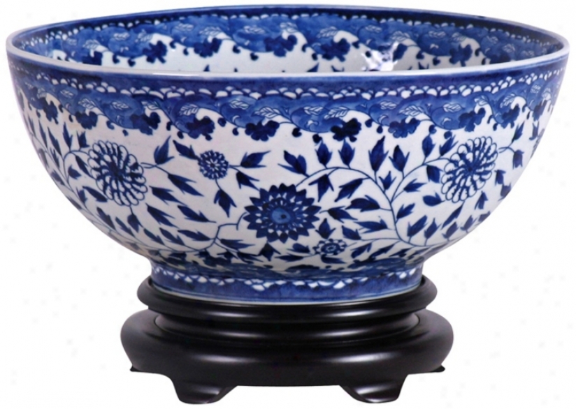 Blue And White Asian Style Porcelain Bowl With Base (v2639)