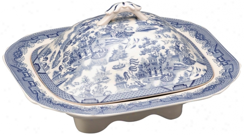Blue And White Porcelain 11 3/4" Wide Tureen With Lid (r3310)