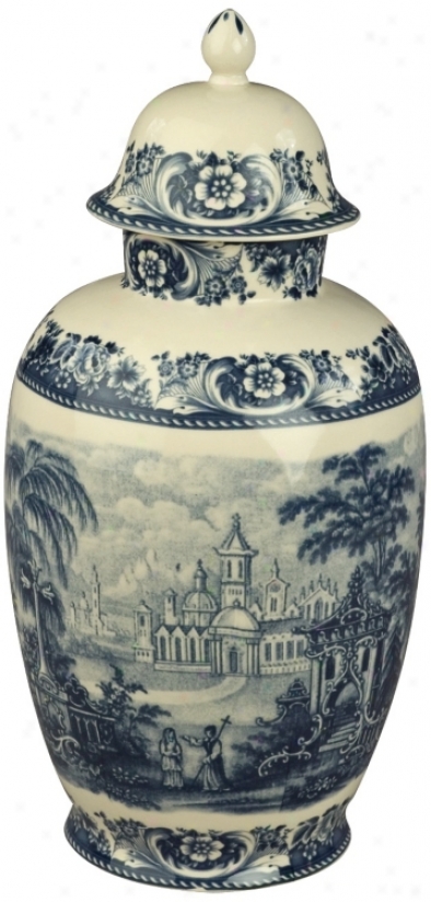 Blue And White China 16 1/2" High Jar iWth Lid (r3275)