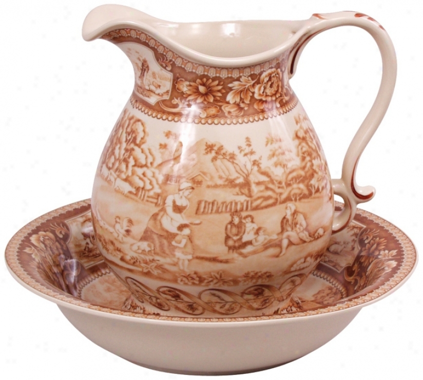 Brown And White Porcelain Pitcher And Bowl Set (r3252)