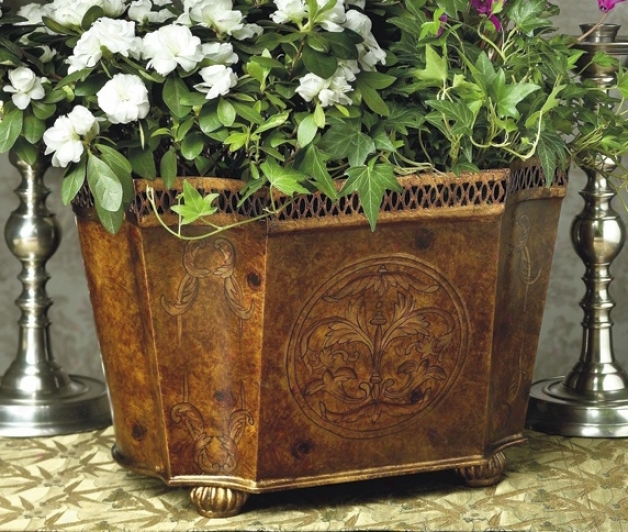 Burl Wood Finish Iron Planter (j5388)