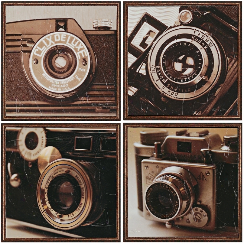 Cameras 11" Square Set Of 4 Framed Wall Art Plaques (p1447)