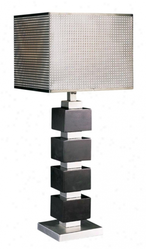 Chrome Screen Cappuccino Wood Cube Table Lamp (h1134)