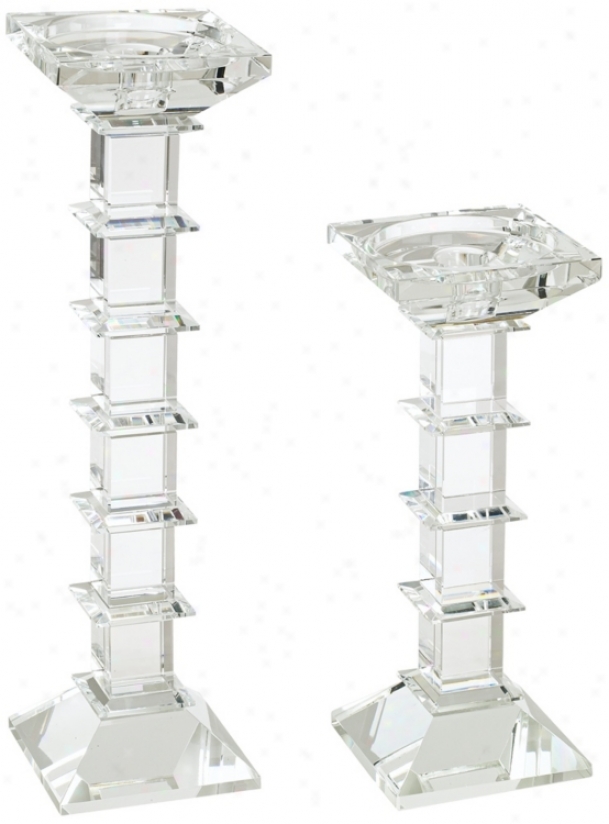 Clear Crystal Cubic Set Of 2 Pillar Candle Holders (r6041)