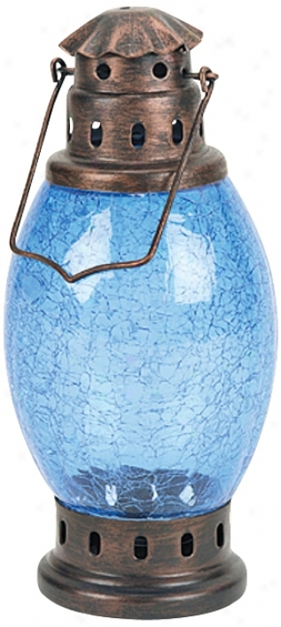 Cobalt Blue Crackle Glass Old Copper Lantern (u9840)