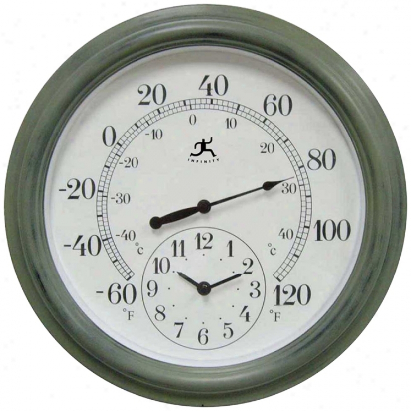 Combo Indoor-outdoor 15 3/4" Wide Wall Clock Thermometer (j4964)