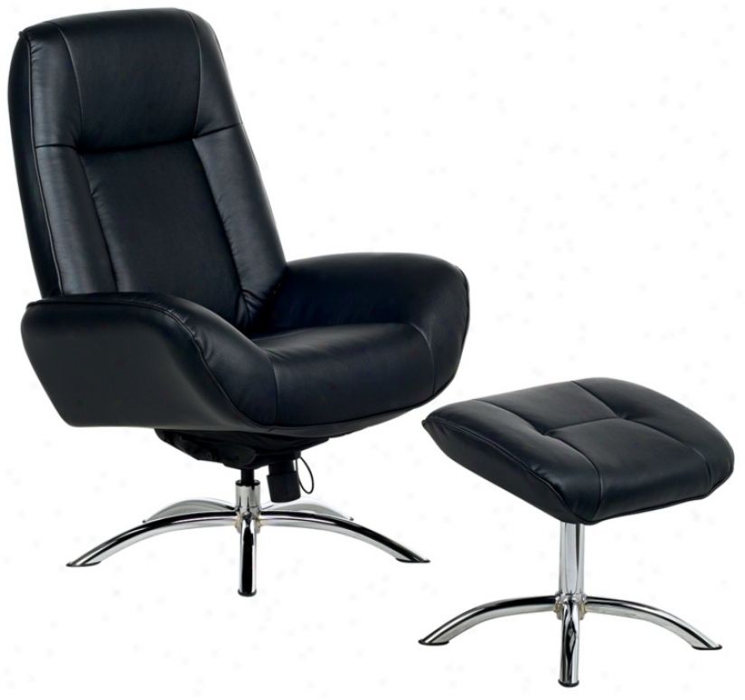 Contemporary Black Leather Swivel Recliner And Ottoman (p754)