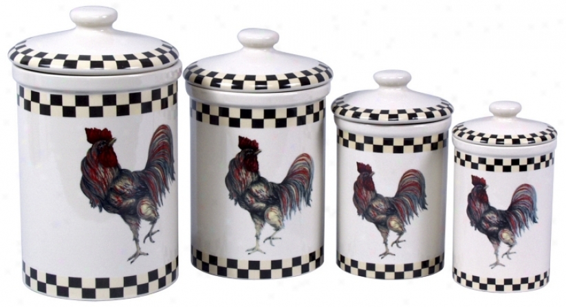 Country Roosterrs Set Of 4 Ceramic Kitchen Storage Canisters (j8618)