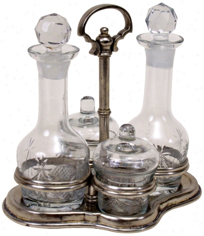 Sculpture Glass Condiment Set With Antique Silver Stand (u3610)