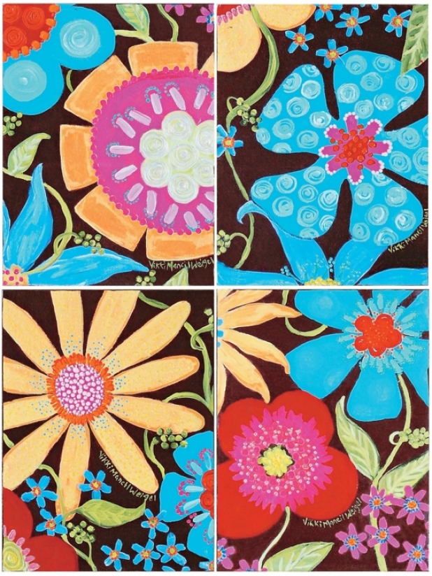 Flowers And Fudge 16" High 12" Wide Set Of 4 Wall Art (p1414)