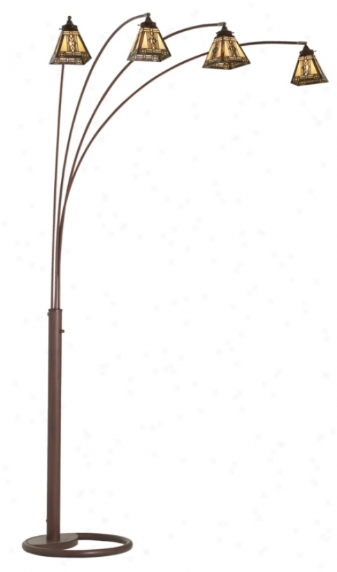 Four Weapon Bronze Mission Tiffany Glass Arc Floor Lamp (30721-94732)