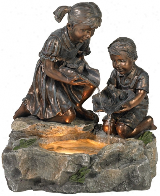 Girl And Boy Lily Pad Lighted Fountain (m3239)