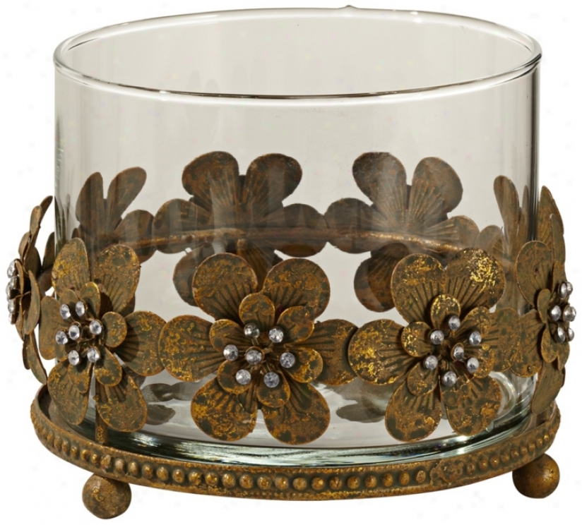 Glass And Rust Metal Flowers Pillar Candle Holder (t8856)