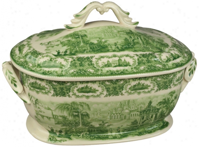 Green And White Porcelain 14" Wide Tureen (r3287)