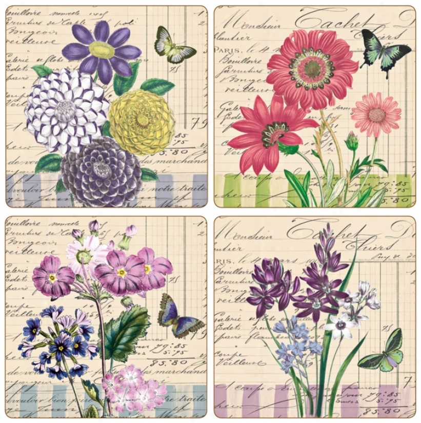 Hindostone Set Of Four Floral Notes Stone Coasters (u6910)