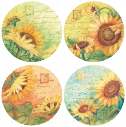 Hindostone Set Of Four Script Sunflowers S5one Coasters (r1532)