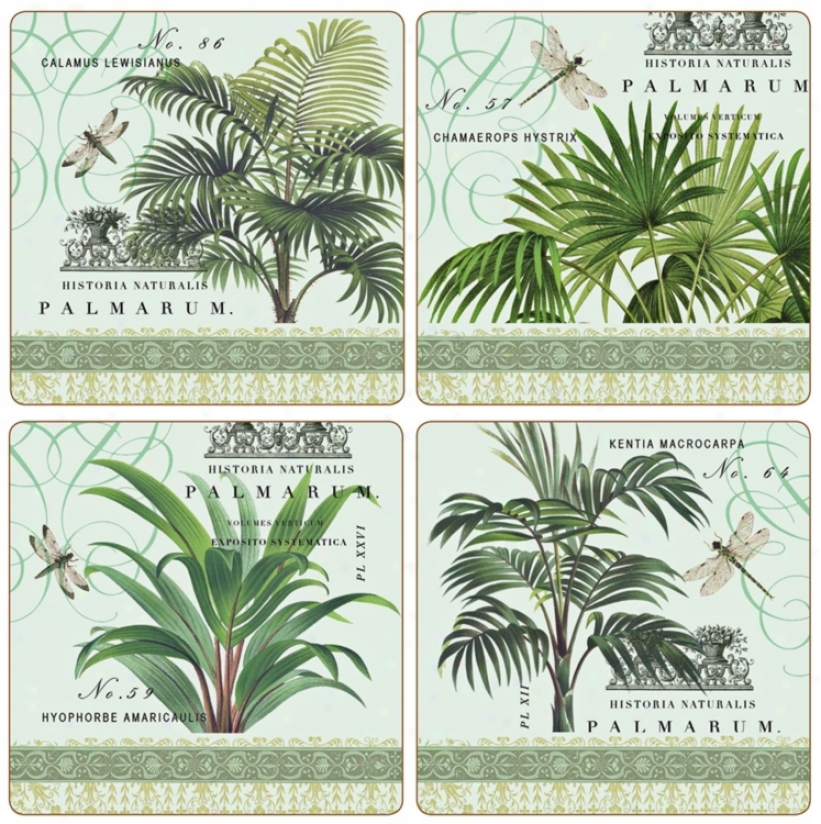 Hindostone Set Of Four Vintage Palms Stone Coasters (u7171)