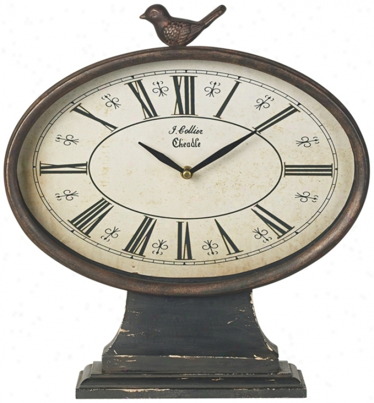 Iron Oval With Bird Distressed Tabletop Clock (t3384)