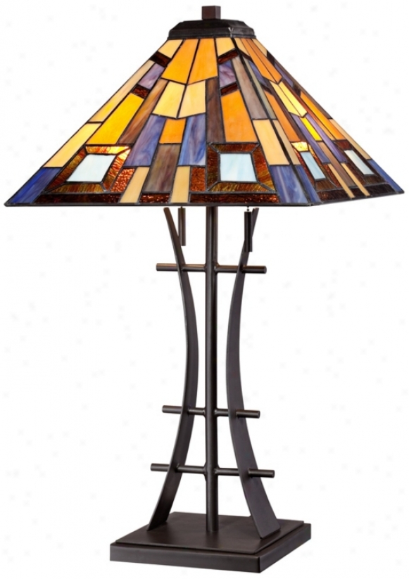 Jewel Tone Art Glass Attending Iron Base Table Lamp (v0708)