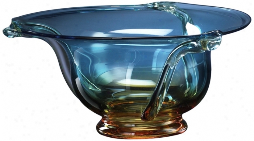 Large Cyan Blue And Orange Glass Bowl (j1454)