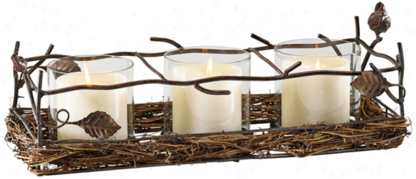 Leaf And Branch Iron And Wood Pillar Candle Holder (v0870)