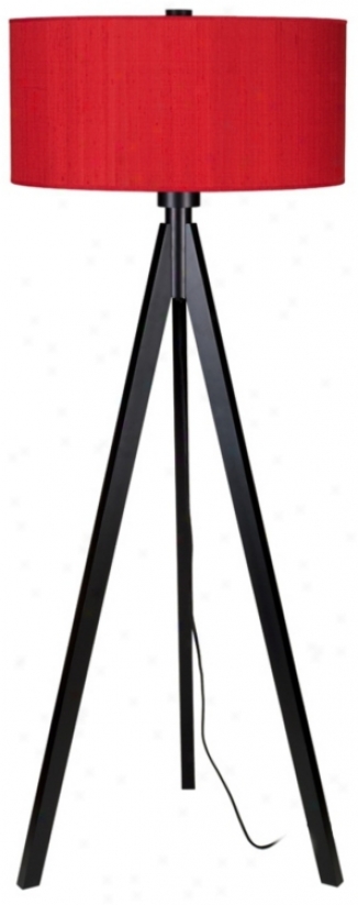 Lights Up! Woody Black Red Dupioni Silk Shade Floor Lamp (t2976)