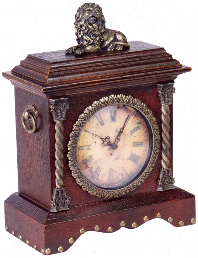 Lion Figure Decorated 13 1/2" Wide Desk Clock (j3086)