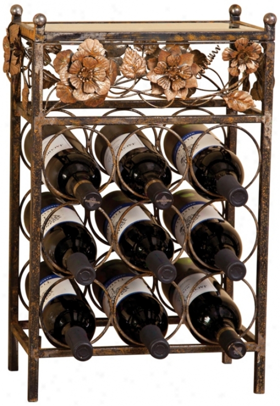 Metal Flowers Anf Glass 9-bottle Wine Rack (u4023)