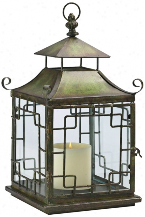 Pagoda Verde Iron And Glass Candle Lantern (u8190)