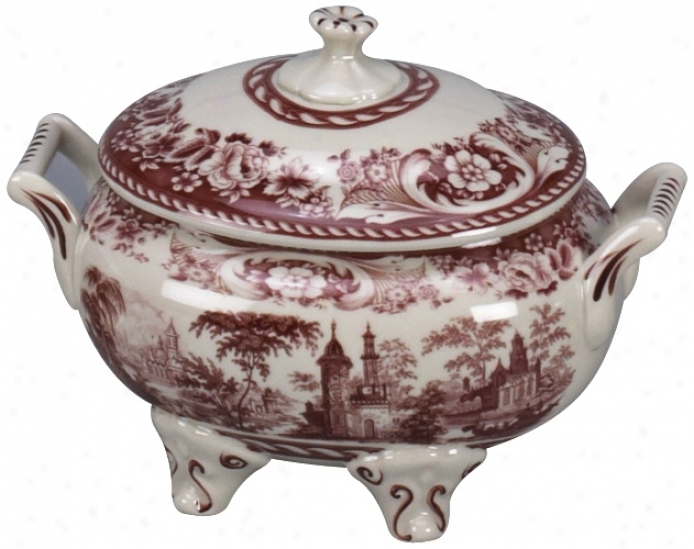 Red And White Porcelain 10" Wide Tureen With Lid (r3239)