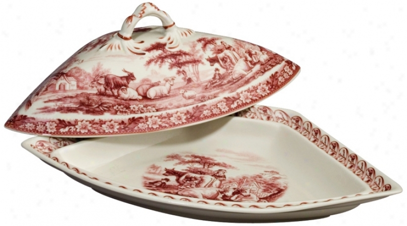 Red And White Porcelaiin 13 1/2" Wide Tureen (r3241)