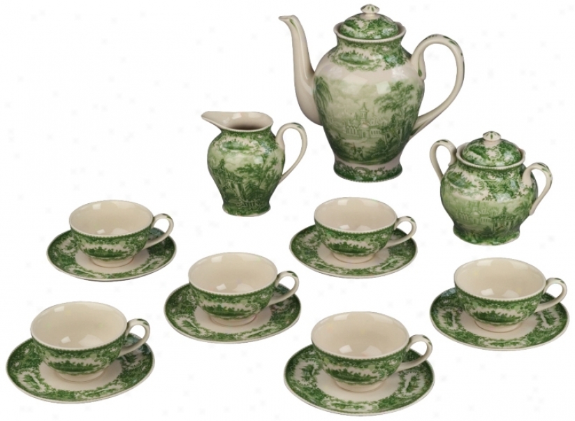 Set Of 15 Green And White Porcelain Tea Set (r3293)