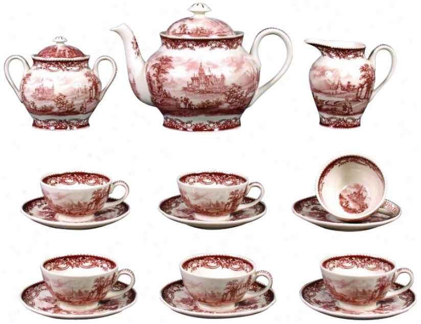 Set Of 15 Red And White Porcelain Tea Set (r3232)