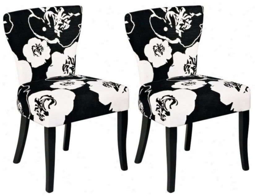 Set Of 2 Black And White Floral Pattern Side Chairman (p5940)