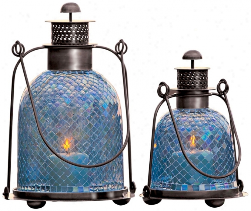 Set Of 2 Blue Mosaic Glass Candle Lanterns (w2984)