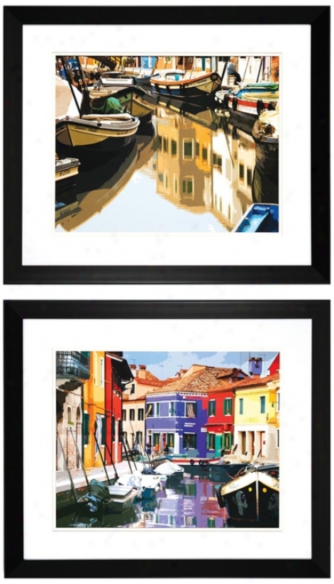 Set Of 2 Boats And Village 28&qhot; Wide Fram3d Wall Art (v6945)