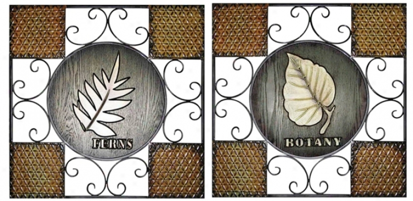 Set Of 2 Botanical Metal Wood Wall Art (j7935)