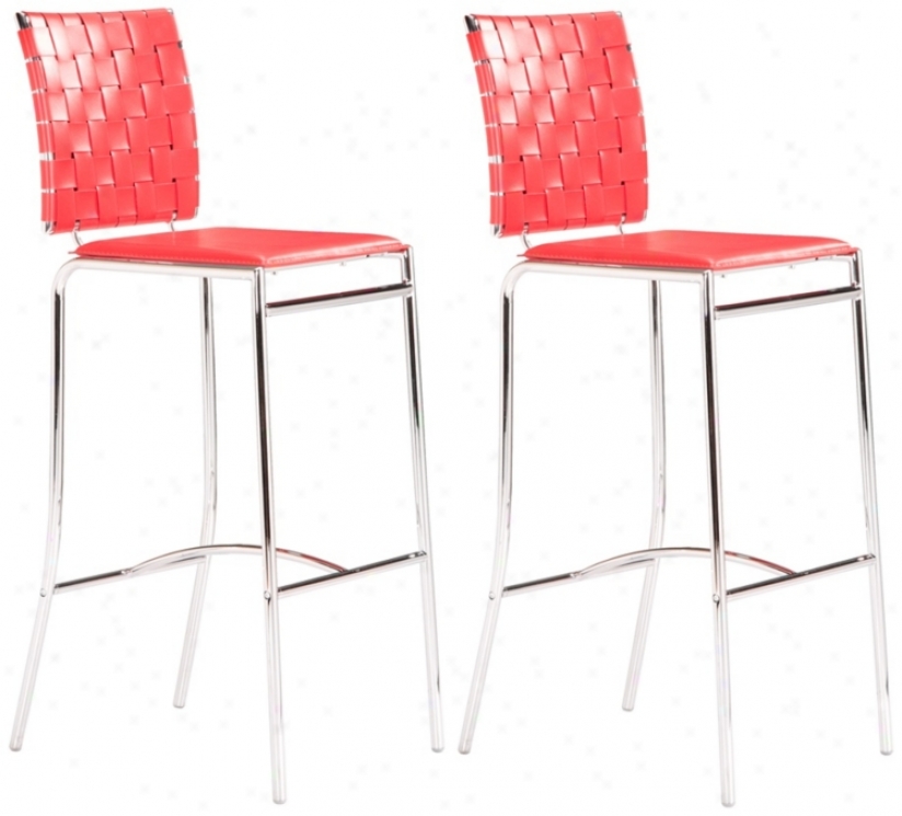 Set Of 2 Criss Cross Counter Stool Red (t2558)