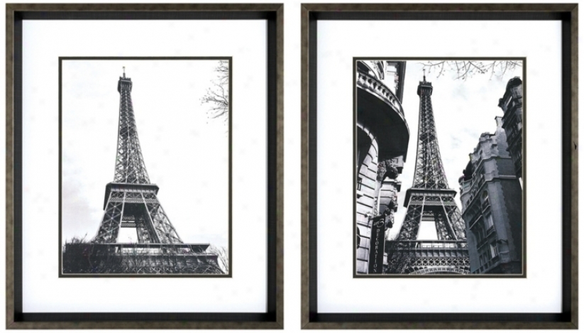 Set Of 2 Dark Silver Frame Eiffel Tower Wall Art I/ii (v6188)