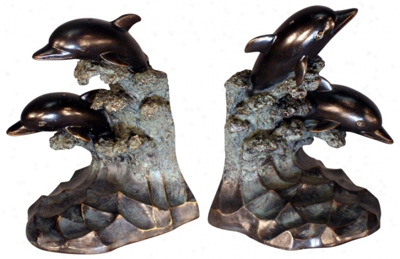 Set Of 2 Dolphin Bookends (f3935)