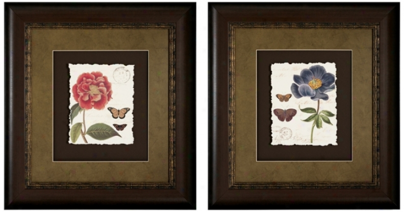 Set Of 2 Framed Red And Blue Floral Wall Trade Prints I/iii (v6577)