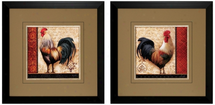 Set Of 2 French Rooster 23" Square Illustrated Wall Art (v6862)