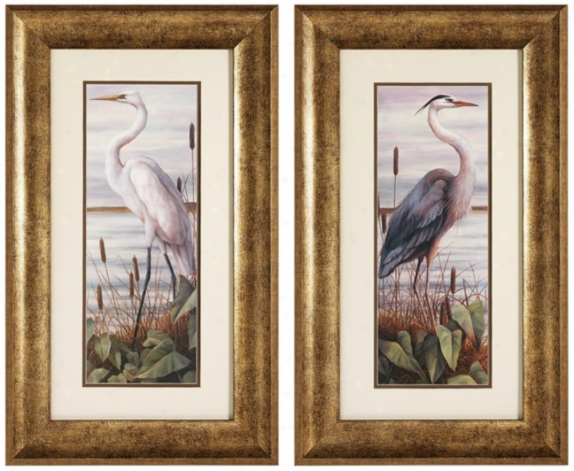 Set Of 2 Gold Frame Heron And Egret Bird Walk Art Prints (v6576)