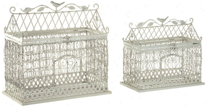 Set Of 2 Ivory Iron Fowl Cages (r9816)