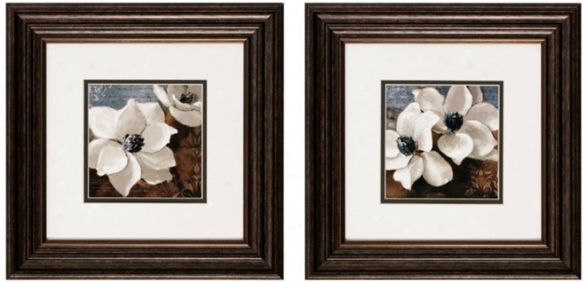 Set Of 2 Magnolias I/ii 14" Square Flower Wall Cunning Prints (v6166)