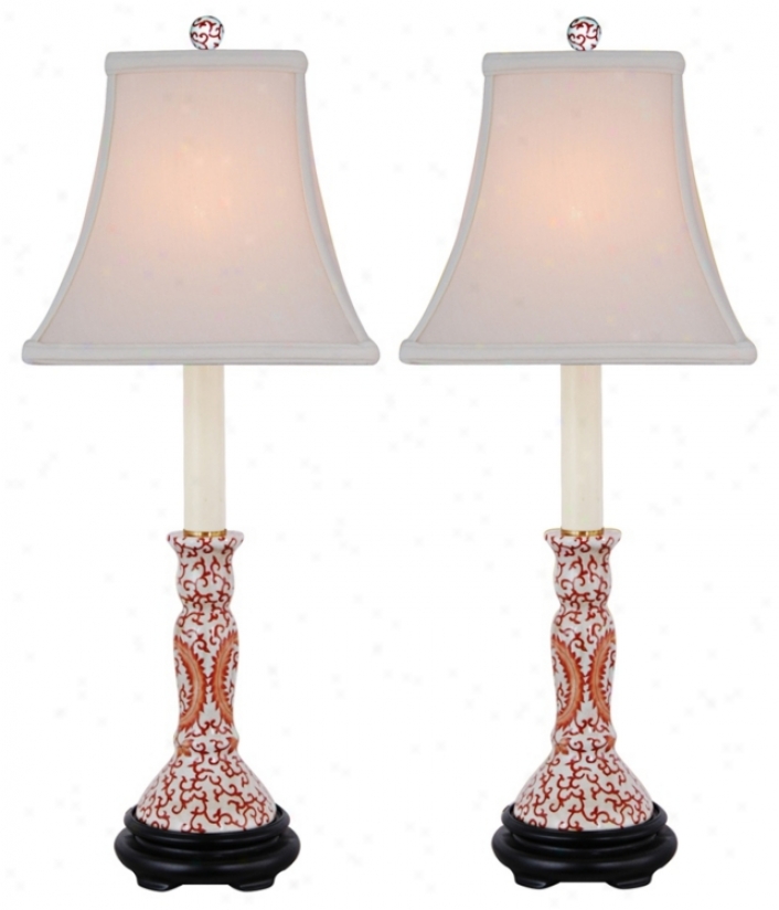 Set Of 2 Orange Floral Candle Stand Porcelain Table Lamps (n2025)