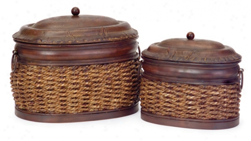 Set Of 2 Oval Rattan Nesting Boxes (m8423)